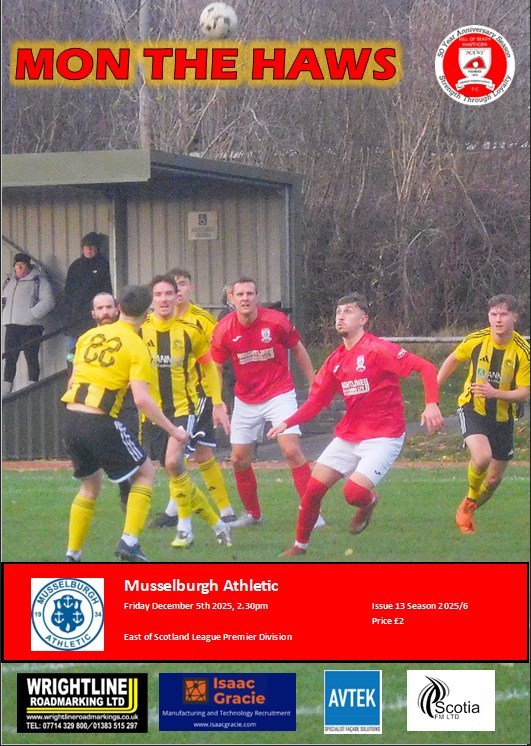 Programme for Friday night's <a href="/hawshob/">Hill of Beath Hawthorn FC</a> v <a href="/MusselburghAth/">Musselburgh Athletic</a> match, on sale at the gate £2.  Top of the League versus Second - under the lights - KO 7.30pm - Real Fitba - Stephens Pies -  Don't miss it.  #MTH ⚽️❤️🚩