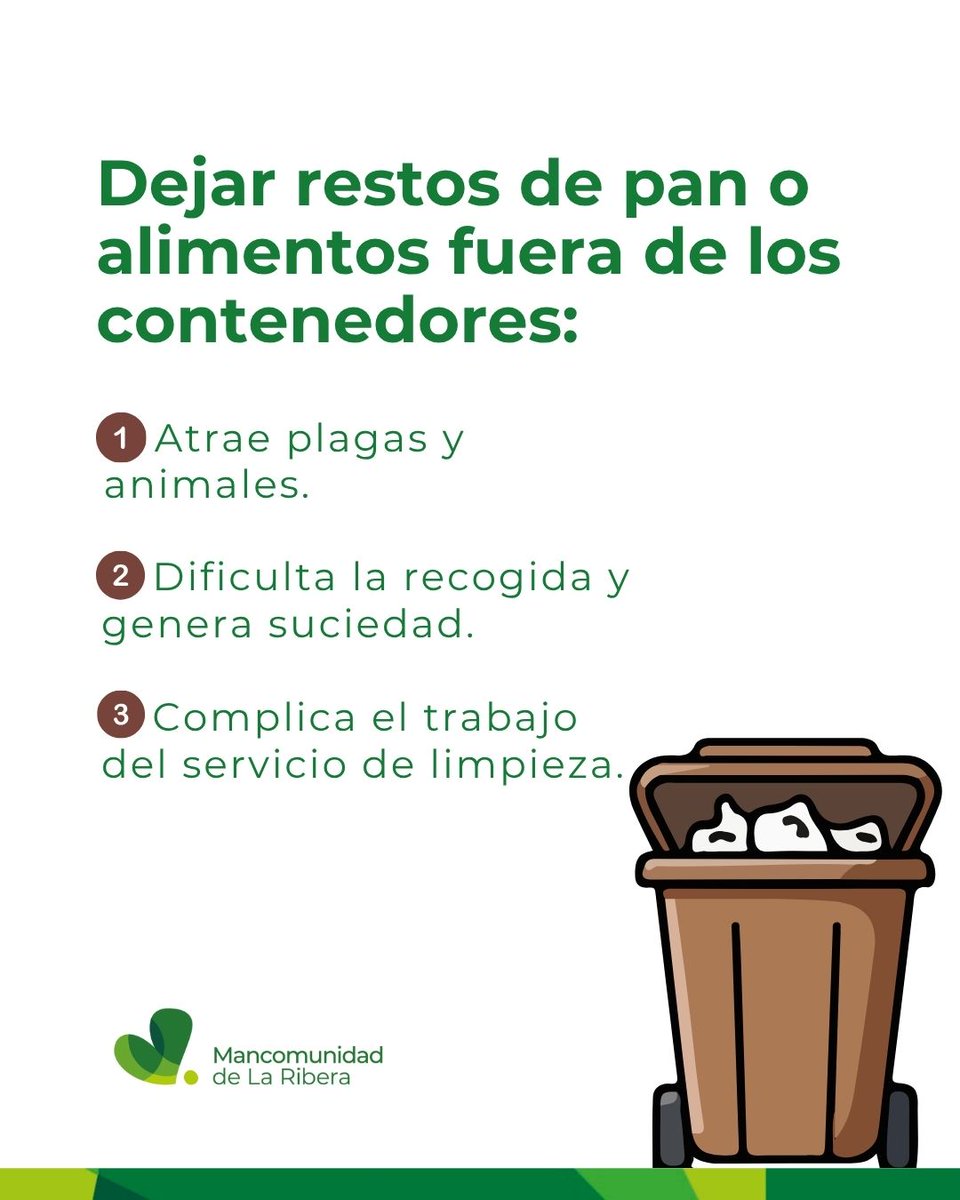 ¡El pan y restos de comida van al contenedor marrón!

Evita plagas y malos olores. Usa el contenedor correcto y cuida tu entorno. ♻️🌍

#ContenedorMarrón