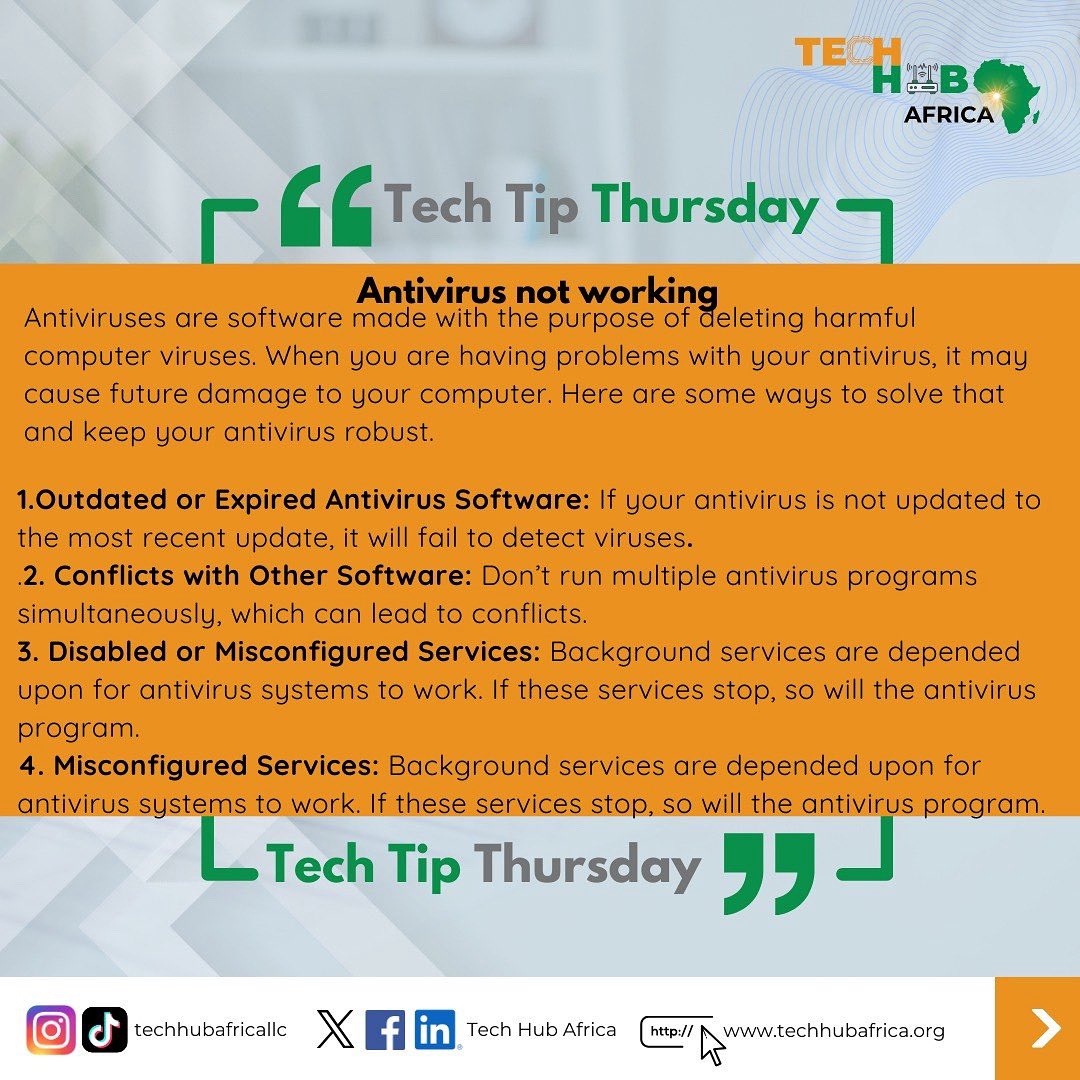 techhub_africa's tweet image. Tech Tips Thursday 
Antivirus Not Working? Here’s Why &amp;amp; How to Fix It

If your antivirus stops functioning, your device becomes vulnerable to malware and security threats. Here are some quick reasons this may happen:

#Tech #TechTips #TechInnovation