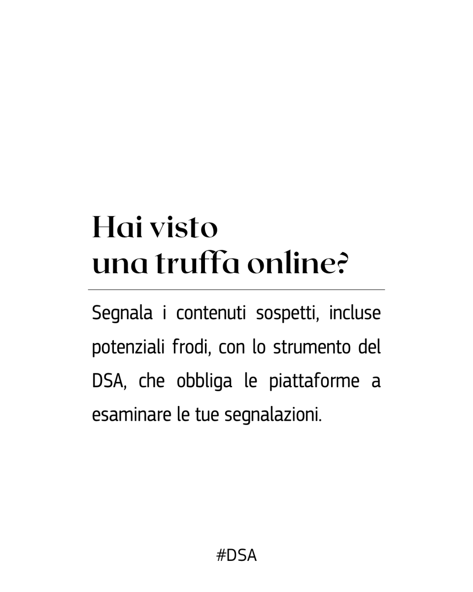 AGCOMunica's tweet photo. Hai notato qualcosa di strano online?
🛍️ Truffe sui marketplace
👜 Prodotti contraffatti
🏠 Annunci d'affitto falsi
Grazie al Digital Services Act (#DSA), puoi segnalare contenuti illegali online, truffe e prodotti falsi o pericolosi.
Scopri come ↓ https://t.co/xyJ6rsxU0S