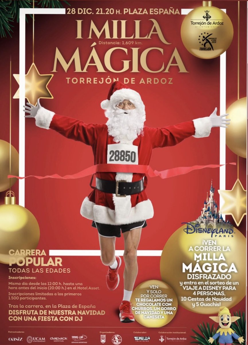 CORRE LA MILLA MÁGICA Y GANA UN VIAJE A DISNEY

La Milla Mágica no es una carrera normal. Es una experiencia navideña:

✅ Ven disfrazado y entra en el sorteo de un viaje  a Disneyland Paris
✅ Al terminar: chocolate con churros, gorro navideño y camiseta.
✅ Fiesta final con DJ.