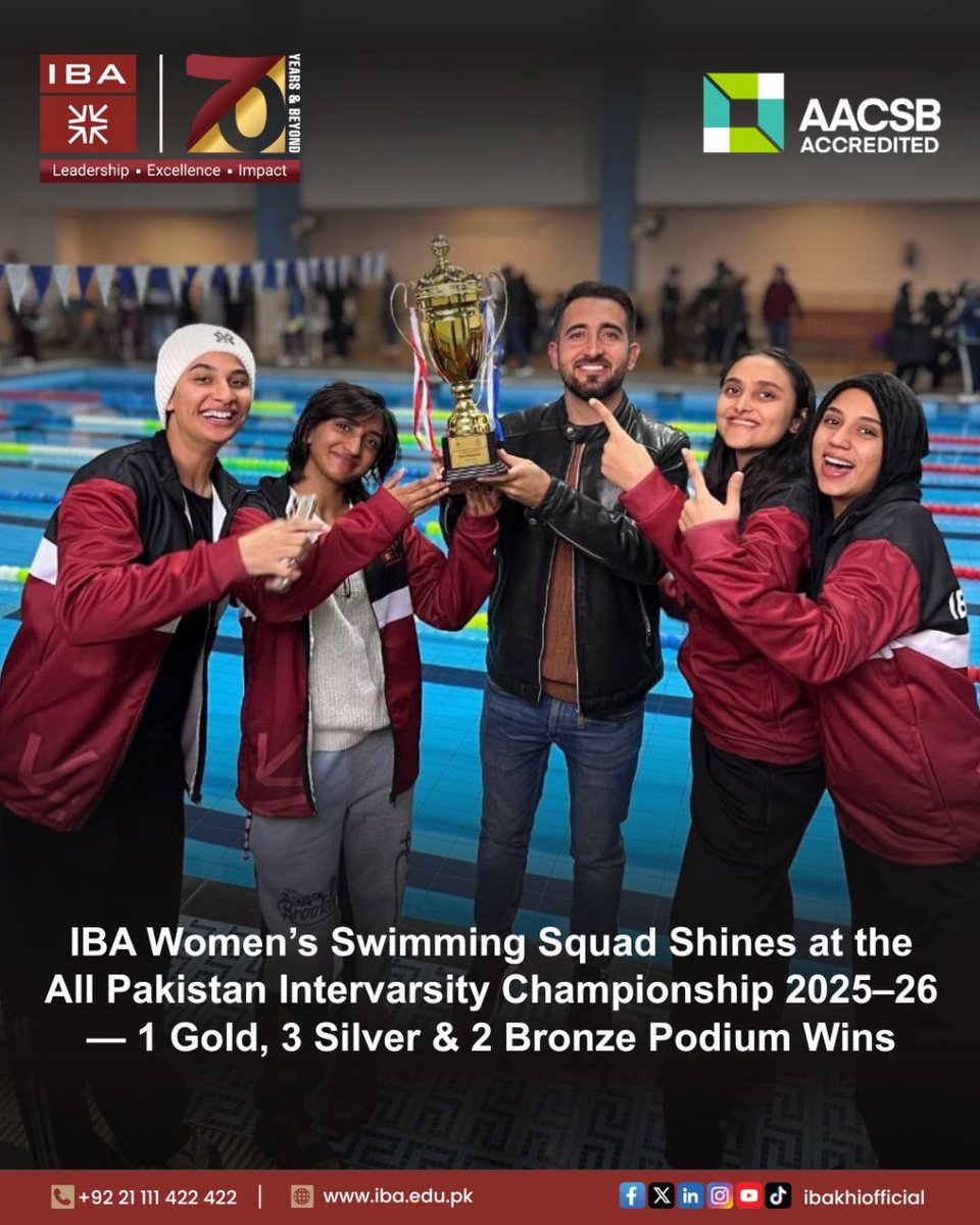 ibakhiofficial's tweet photo. Making waves and breaking records! 🏊‍♀️🥇 

Congratulations to the IBA Women’s Swimming Squad on an outstanding performance at the All Pakistan Intervarsity Championship 2025–26, 1 Gold, 3 Silver & 2 Bronze wins! 

#IBAKarachi #AACSB  #WomenInSports #WomenLeaders #70years #Leadership #Excellence #Impact