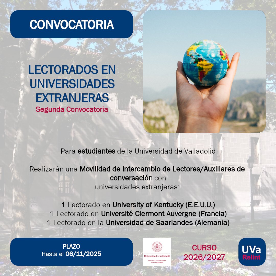 Disponible la Resolución de la Primera Convocatoria de Lectorados en Universidades Extranjeras para estudiantes de la Universidad de Valladolid durante el curso 2026/2027

ℹ️ tinyurl.com/Lectorados-UVA

<a href="/UVa_es/">Gabinete de Comunicación Universidad de Valladolid</a>