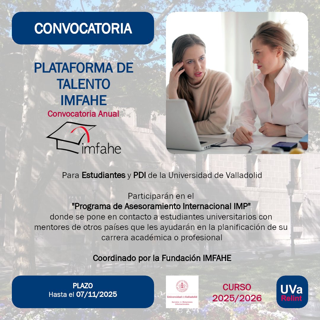 Disponible la Resolución de la Convocatoria del Programa IMFAHE para Estudiantes y PDI de la Universidad de Valladolid en el curso 2025/2026

ℹ️ tinyurl.com/IMFAHE-UVa

<a href="/UVa_es/">Gabinete de Comunicación Universidad de Valladolid</a>
<a href="/IMFAHE/">IMFAHE</a>