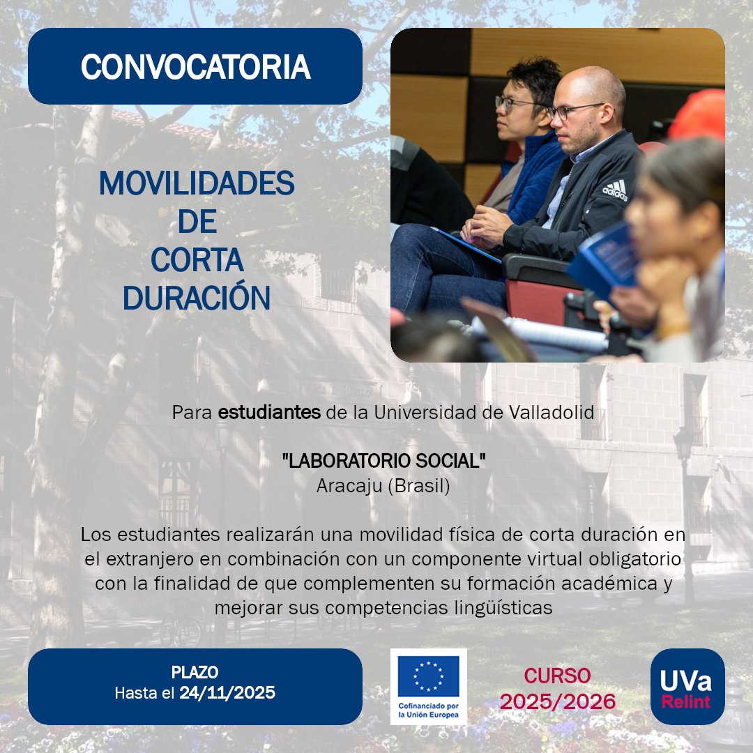 Disponible la Resolución de la Convocatoria de Movilidades de Corta Duración "LABORATORIO SOCIAL" del SEPIE para Estudiantes de la Universidad de Valladolid en Aracaju (Brasil)

ℹ️ tinyurl.com/BIPs-CDs

<a href="/UVa_es/">Gabinete de Comunicación Universidad de Valladolid</a>
<a href="/sepiegob/">SEPIE</a>