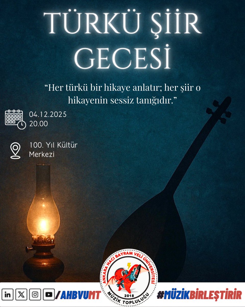 🎶 Türkü Şiir Gecesi 🎤

📅 04 Aralık 2025
⏰ 20.00
📍 100. Yıl Kültür Merkezi

Tüm öğrencilerimiz ve öğretim üyelerimiz etkinliğimize davetlidir. ✨
#muzikbirlestirir #muziktopluluğu