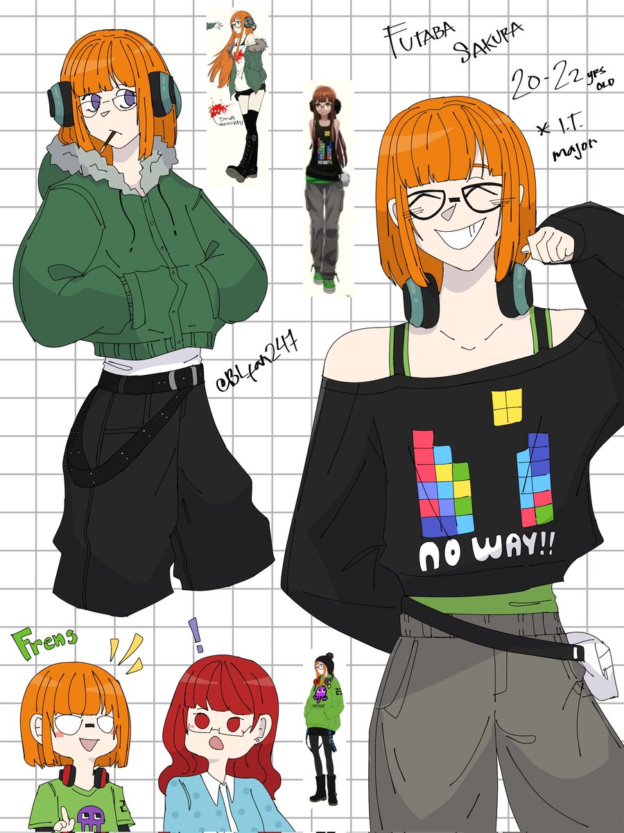 BLfan247's tweet image. I was daydreaming the other day and scenes of Futaba came up for my post canon fic. So I drew designs for her.
Okay, I know I said Sumi meets Akechi first (and that stays) but I also like the idea of Futaba locating him before anyone else+
#p5r #futabasakura