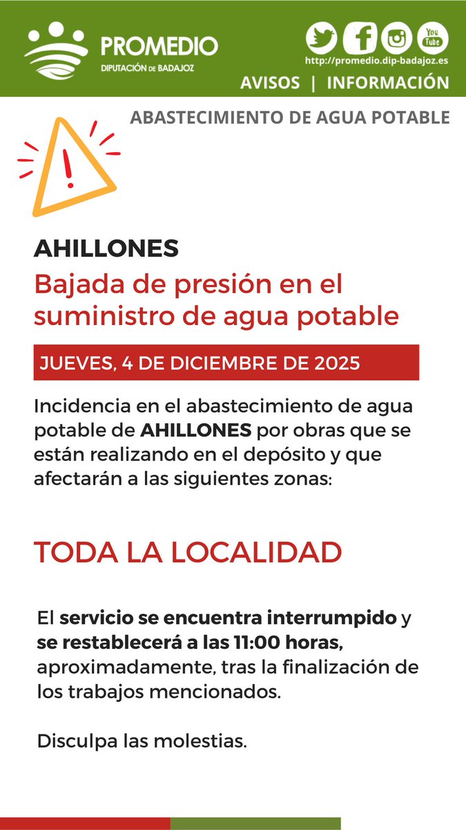 🚧 AVISO > AHILLONES
⬇️Bajada de presión en el suministro de agua potable por obras que se están realizando en el depósito y que afectarán a toda la localidad.
#ATuServicio #Ahillones