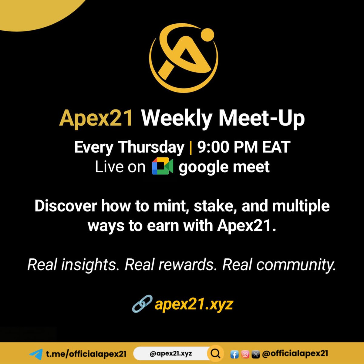 officialapex21's tweet photo. Join us every Thursday from 9PM EAT as we dive into crypto, blockchain and apex21 and show you the ways on how you can leverage and make money in crypto!
#crypto #blockchain #apex21 #minting #webinars https://t.co/FL2LGYaO34