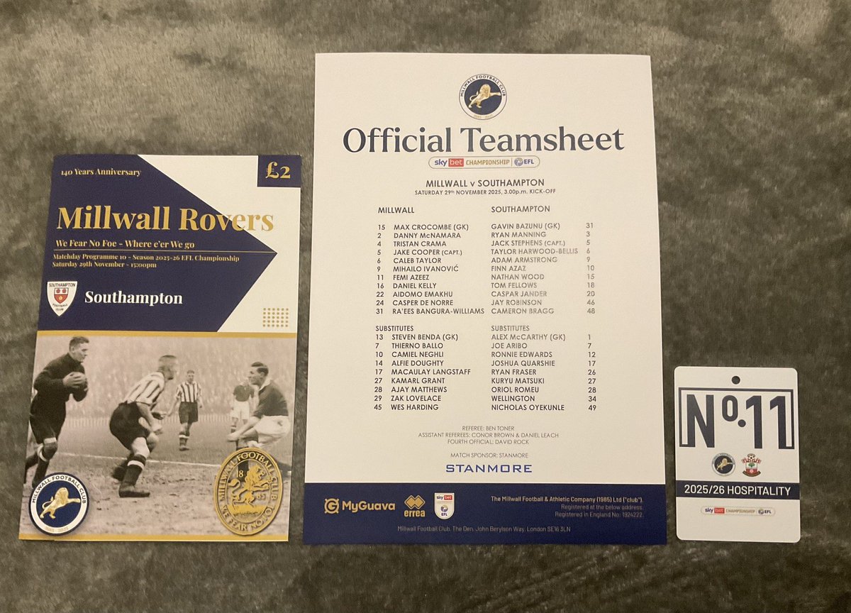 Millwall V Southampton programme ,team sheet &amp; badge 29/11/2025

£5.21 currently

4 bids

Ends Fri 5th Dec @ 8:15pm

ebay.co.uk/itm/3176070985…

#ad #saints #saintsfc