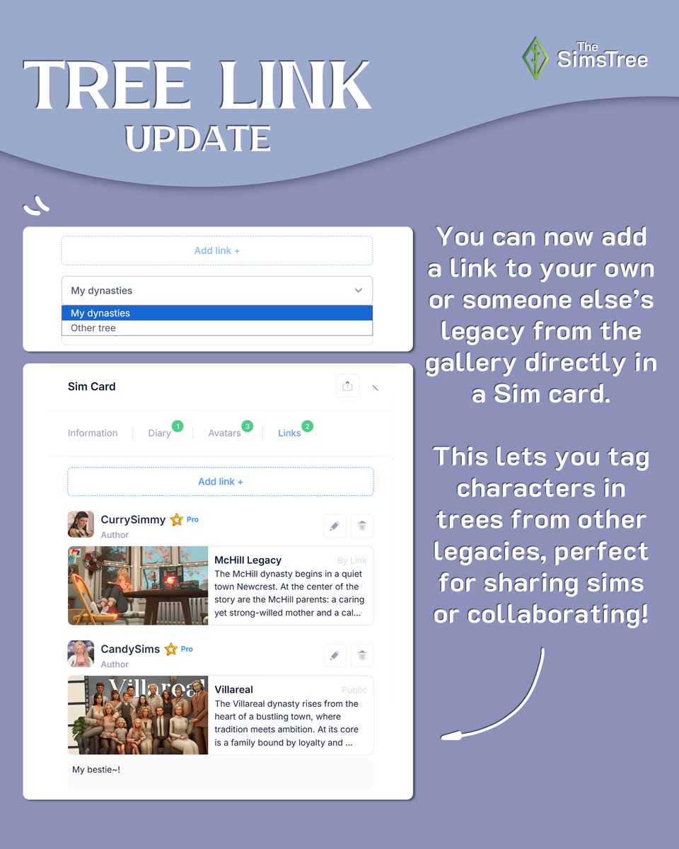 thesimstree's tweet image. 🌳 Update on TheSimsTree 🌳
🔔 New features are now live on TheSimsTree!

🌱 We’re continuing to improve the platform, and today you can enjoy:

📎 Linked Tree (free)
This feature lets you attach a link to a family tree directly in the sim’s card. A new tab appears inside the sim…