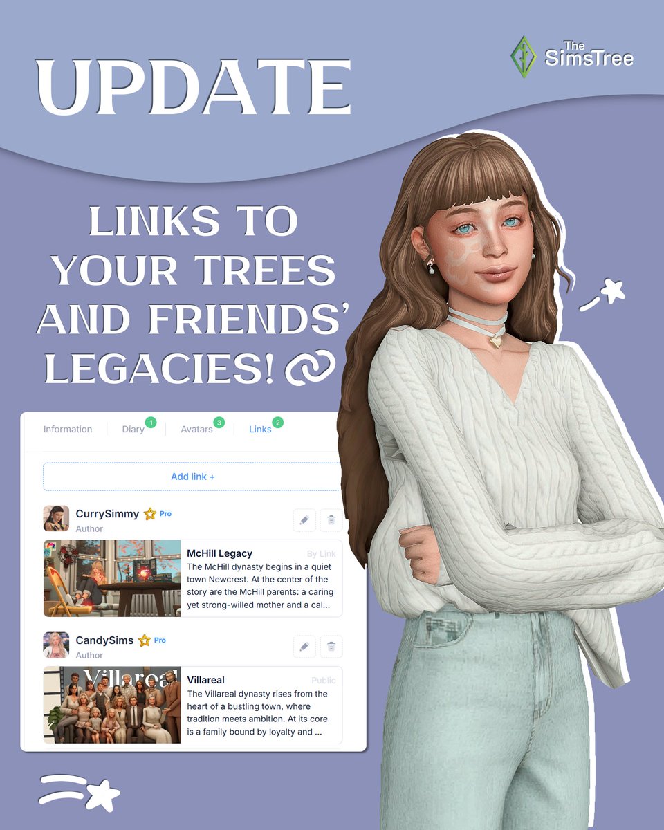 thesimstree's tweet image. 🌳 Update on TheSimsTree 🌳
🔔 New features are now live on TheSimsTree!

🌱 We’re continuing to improve the platform, and today you can enjoy:

📎 Linked Tree (free)
This feature lets you attach a link to a family tree directly in the sim’s card. A new tab appears inside the sim…