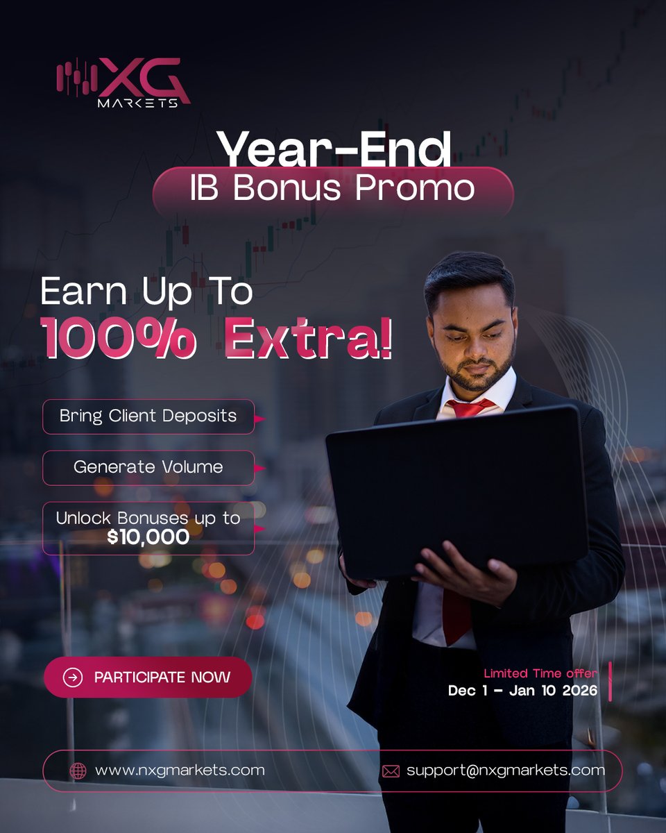 nxg_markets's tweet image. Strengthen your IB earnings with NXG Markets’ year-end bonus program🎉

Earn up to 100% extra commissions, unlock bonuses up to $10,000

✅ Bring clients. Generate volume. Earn BIG.

Promo Ends January 10 🚨

📍Follow @nxg_markets
.
#NXGMarkets #IBProgram #IBBonus #ForexIB