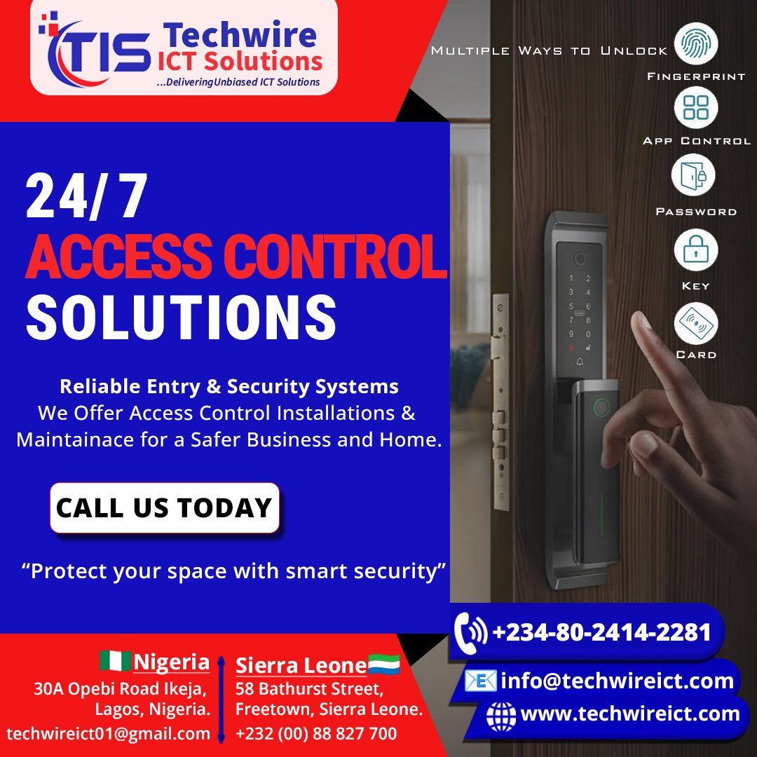 TISLTDng's tweet image. Control who enters, 24/7.
Reliable access control systems for safer homes and businesses.
🔓 Fingerprint | App | Password | Key Card

✅ Installation &amp;amp; Maintenance
📍 Nigeria &amp;amp; Sierra Leone
📞 +234-80-2414-2281
🌐 techwireict.com

#AccessControl #Security #TechwireICT