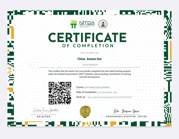 chima_ben_dev's tweet image. 🚀 Celebrating a Major Milestone!
I am thrilled to announce the successful completion of the Software Development training under the Federal Government&apos;s @3MTTNigeria Initiative (NITDA Nigeria)!

#3MTT #NITDA #SoftwareDevelopment #DigitalSkills #TechNigeria #CareerGrowth