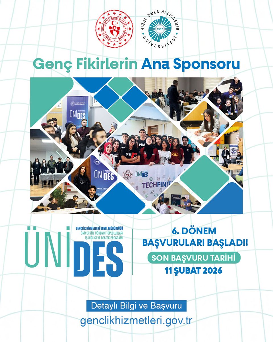 Gençlik ve Spor Bakanlığı Gençlik Hizmetleri Genel Müdürlüğü'nün, 2025-2026 yılı Üniversite Öğrenci Toplulukları İş Birliği ve Destek Programı (ÜNİDES) projeleri 6. dönem başvuruları başladı.
🏆🏅
#NÖHÜ
#Niğde