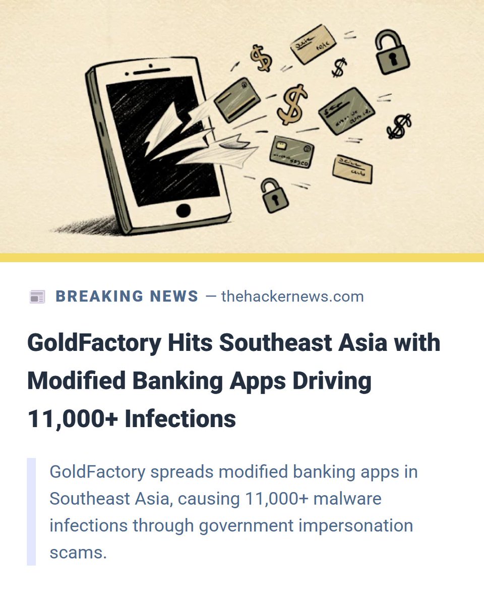 TheHackersNews's tweet image. 🚨 Thousands hacked after downloading what looked like “official” government apps.

They were fake versions of real banking apps, modified by hackers from GoldFactory to include malware.

So far, over 11,000 phones in Southeast Asia have been infected.

🔗 Details ↓…