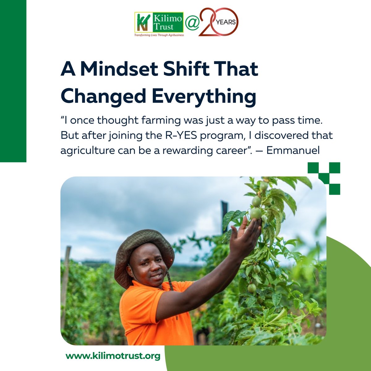 kilimoEAC's tweet photo. 𝐘𝐨𝐮𝐫 𝐓𝐡𝐮𝐫𝐬𝐝𝐚𝐲 𝐦𝐨𝐭𝐢𝐯𝐚𝐭𝐢𝐨𝐧: Emmanuel’s story proves that with the right skills and mindset, farming can be a real career and a path to growth.

#RYES #KTAt20 https://t.co/N9mgPrxEYj