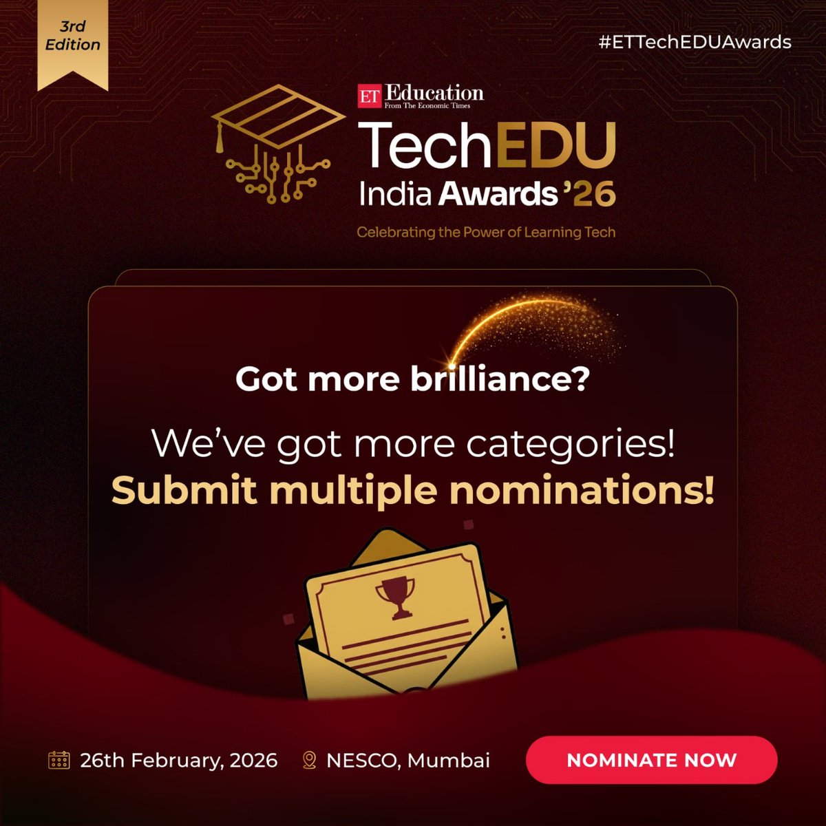 _ETEducation's tweet image. Innovation doesn’t fit into a single box, and neither do the TechEDU India Awards.

This year, with expanded categories, your breakthrough ideas, products, and solutions can shine across multiple fronts.

Nominate Now: education.economictimes.indiatimes.com/techedu-awards

#ETTechEDUAwards #LearningTech