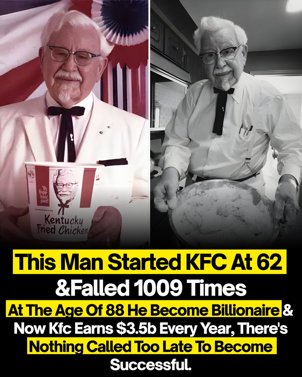 startupdecoding's tweet image. He started KFC at 62.
Failed not once, not twice… but 1009 times.
Most people would have given up —
but Colonel Sanders chose to begin again, every single time.
At 88, he became a billionaire.
Today, KFC earns over $3.5 billion every year.
All because one man refused to believe…