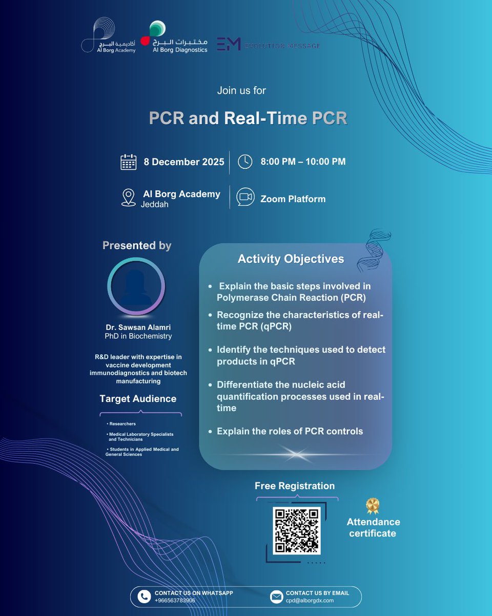انضموا إلينا في دورة
  PCR and Real-Time PCR 
المقدمة من أكاديمية البرج
التي تهدف إلى تعزيز المعرفة والمهارات في تقنيات البيولوجيا الجزيئية
📅 التاريخ: يوم الاثنين الموافق 8 ديسمبر 2025
⏰ الوقت: من 8:00 مساءً إلى10:00 مساءً
📍 المكان: أكاديمية البرج – جدة
💻 عن بُعد عبر:منصة زوم