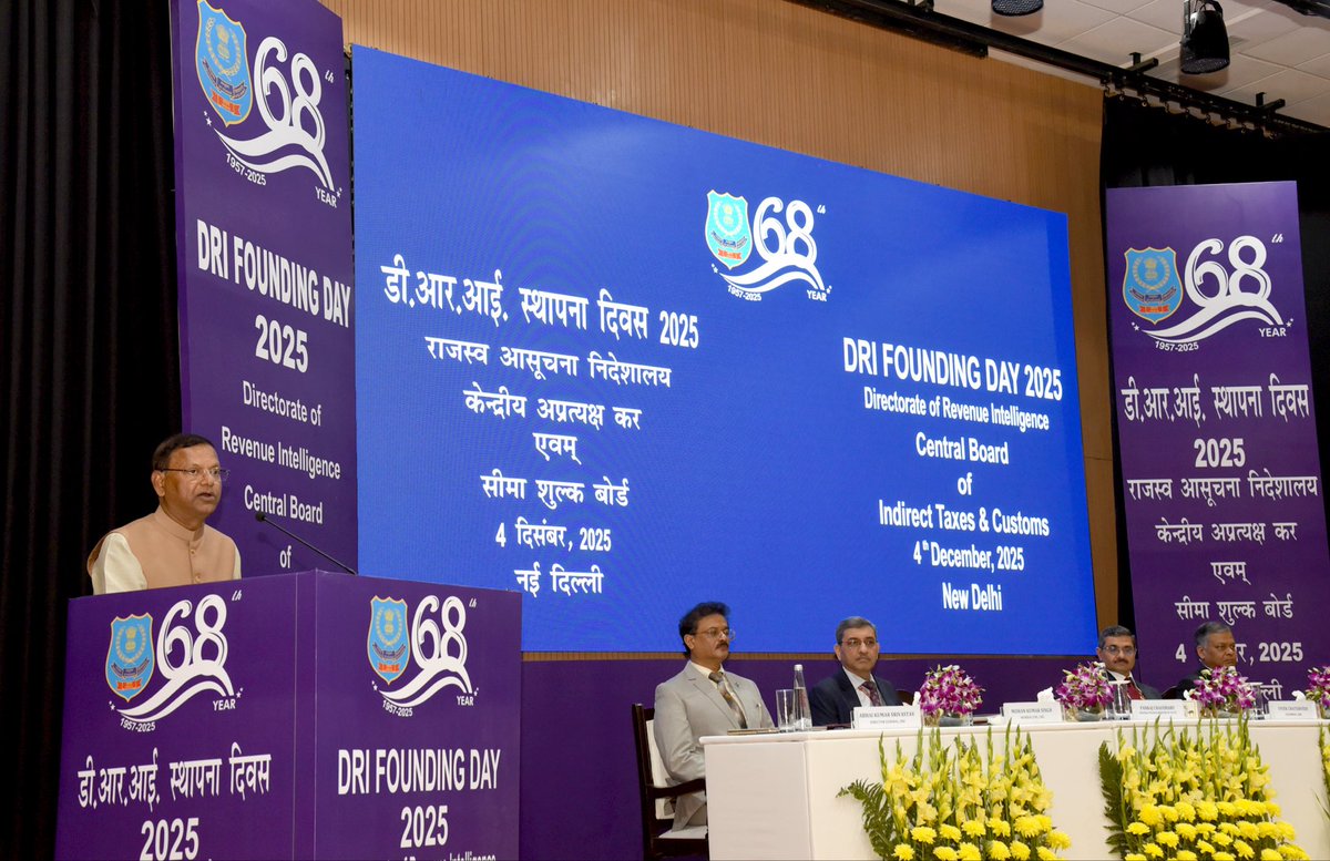 FinMinIndia's tweet photo. 👉 Union Minister of State for Finance Shri @mppchaudhary inaugurates the 68th Founding Day of Directorate of Revenue Intelligence #DRI68thFoundationDay, in New Delhi, today
  
👉 MoS Finance reiterates Government’s endeavour to ensure that honest taxpayers can do business with dignity and that the use of India’s land, waterways, or air becomes impossible, risky, and futile for illegal trade

👉 CBIC @cbic_india Chairman encourages DRI officers to continue leveraging technology, risk management tools, and global partnerships to strengthen India’s border security framework

👉 DRI DG highlights DRI’s relentless efforts in busting smuggling syndicates and choking the stream of illicit funds generated from smuggling

👉 DRI releases its annual flagship publication “Smuggling in India Report 2024–25” that highlights trends in illicit trade, major enforcement achievements, emerging challenges, and policy recommendations

Read more ➡️ https://t.co/mUih0kL9Wv