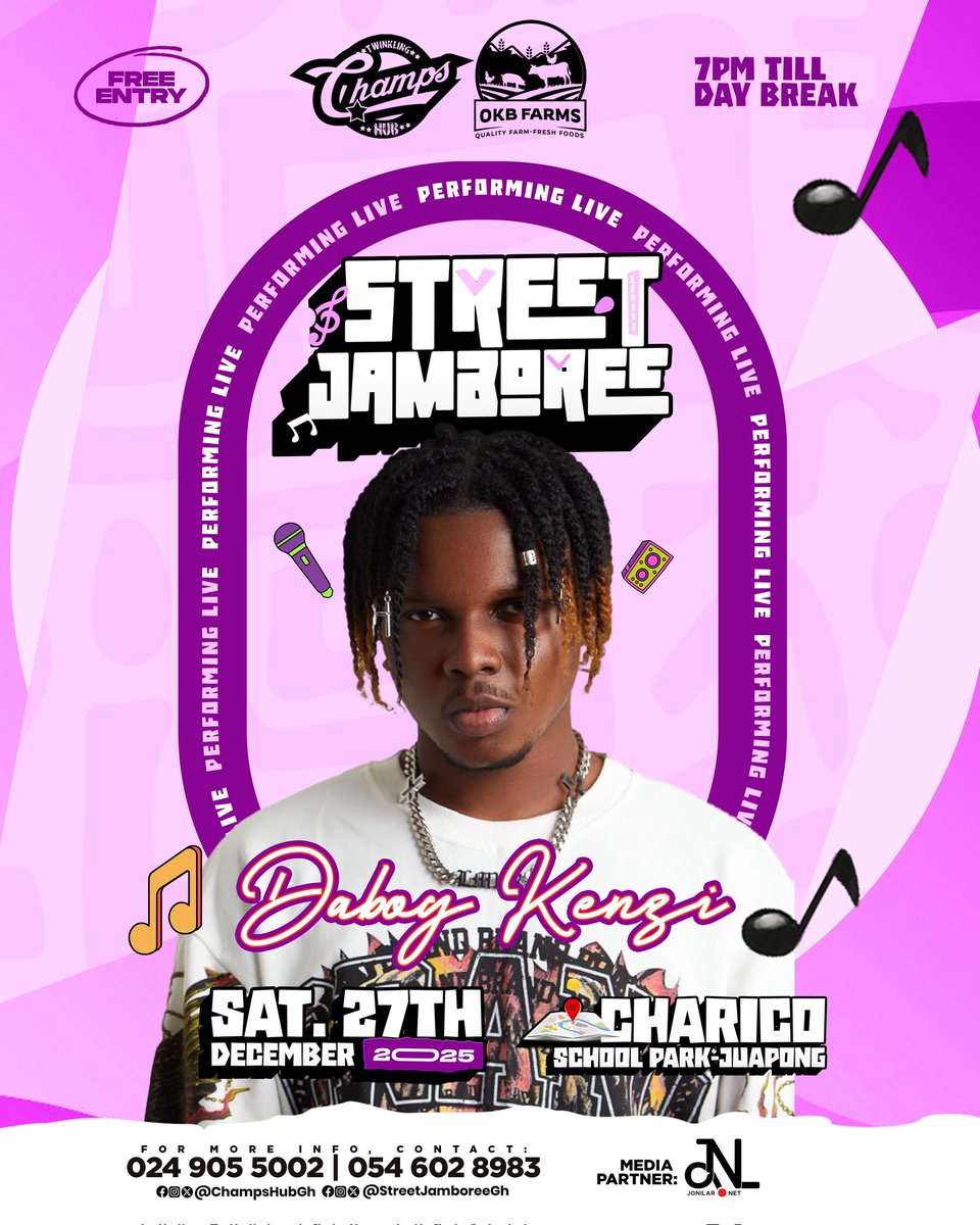 @DaboyKenzi the "Father Moses" hitmaker will be performing live at this year's <a href="/StreetJamboree/">Street Jamboree</a> 2️⃣0️⃣2️⃣5️⃣.

This year's edition is brought to you by <a href="/ChampsHubGh/">Champs Hub - Ghana</a> in partnership with @OKBFarms1.

#ChampsHubGh #StreetJamboree
#LiveConcert
#DecemberInJuapong 
#ExperienceTheMagic 🔥