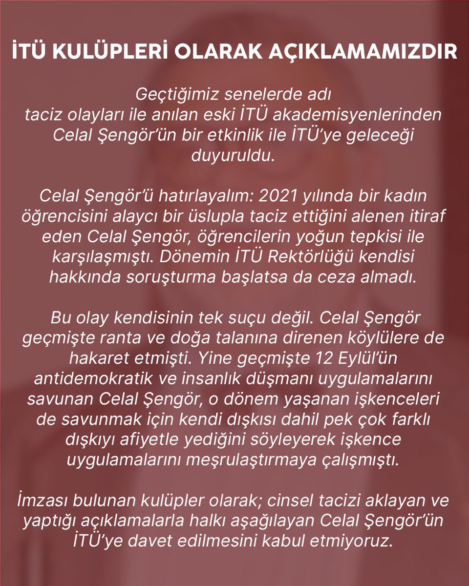 itusbk's tweet photo. İmzası bulunan kulüpler olarak halk düşmanı Celal Şengör'ün İTÜ'ye davet edilmesini kabul etmiyoruz. https://t.co/cwHSci6x7m