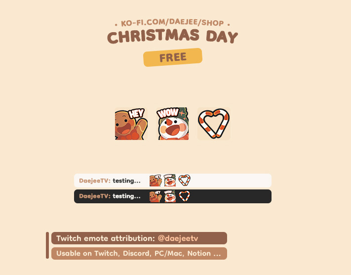 Ces 3 emotes de Noël sont toujours dispo GRATUITEMENT sur ma boutique KOFI 🎄

ko-fi.com/s/77f7dfb868