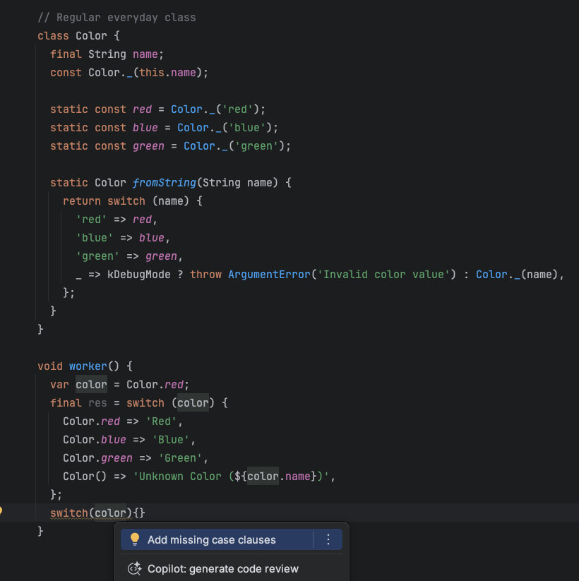 milad_akarie's tweet image. While messing around with making enums more flexible but still exhaustively switchable, I realized something: you can just use a normal class with static members and the linter will still treat it like a proper switch target.