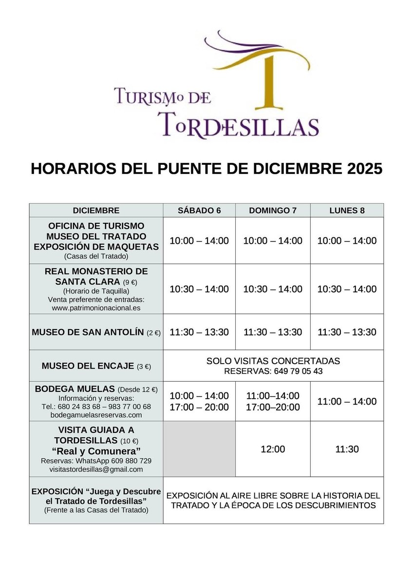 ¡🧳🚗🛫Este puente de diciembre, desconecta en #Tordesillas!.

Pasea por sus calles históricas, admira su patrimonio y planifica tu visita con los horarios de todos los espacios turísticos.

¡Un viaje tranquilo, cultural y con mucho encanto!✨

#puente #puentediciembre #viajes