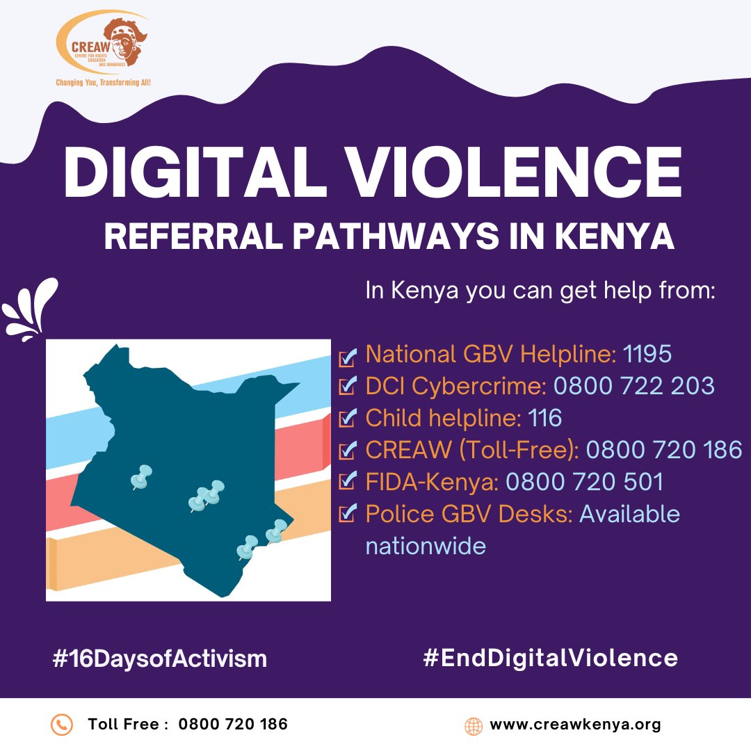 Encourage use of helplines and support systems for survivors of digital violence.
#EndDigitalViolence
 #16DaysOfActivism2025
#EndGBV
 <a href="/UNDPKenya/">UNDP Kenya</a>
<a href="/CyanKenya/">CYAN KENYA</a>
 <a href="/amkeniwakenya/">amkeniwakenya</a> <a href="/access_meds/">AccessToMedicine</a>
<a href="/CREAWKenya/">CREAW Kenya</a>