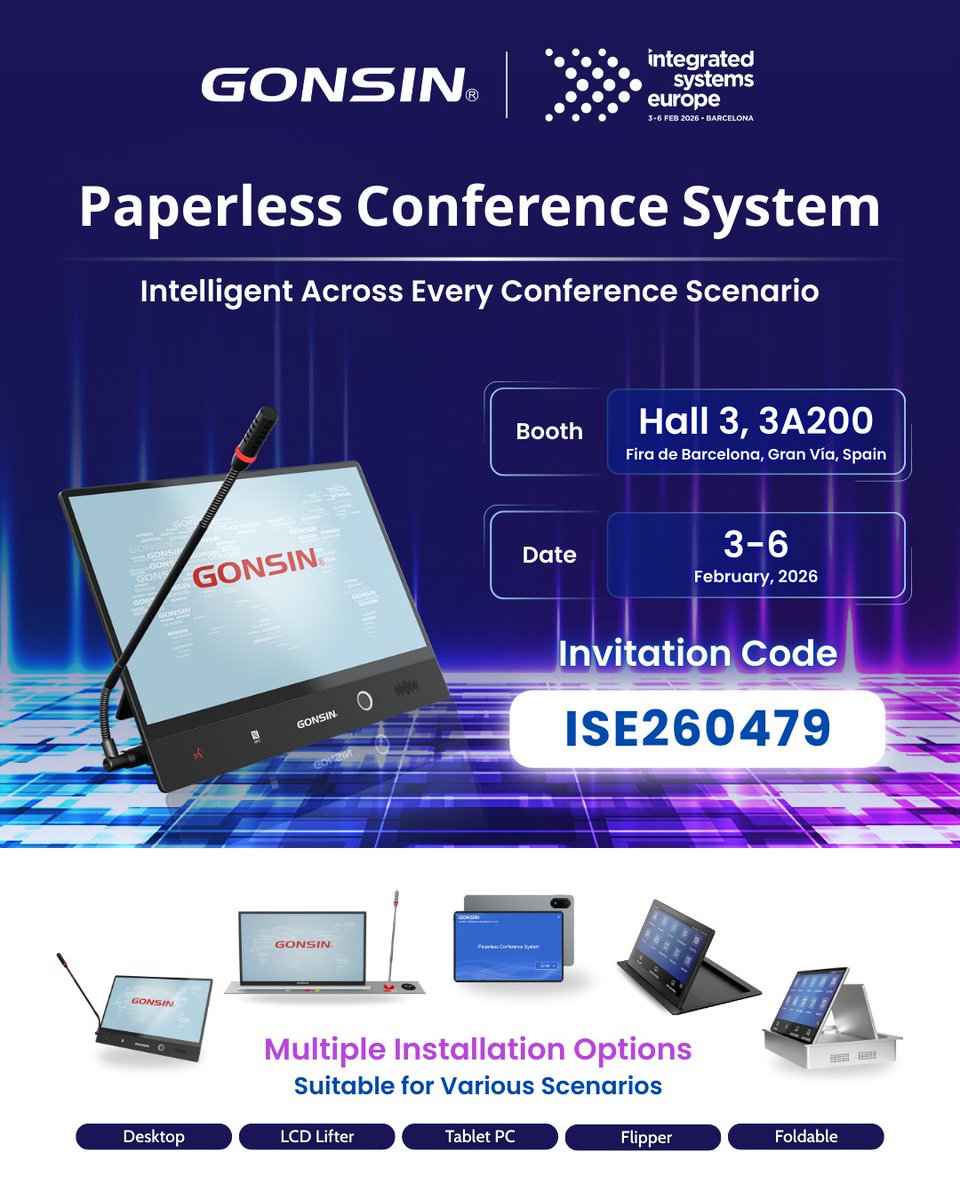 GONSIN2003's tweet image. Intelligent Across Every Conference Scenario — At ISE 2026!

Get your free pass via GONSIN Invitation Code : ISE260479
Registration Link:
register.visitcloud.com/survey/0hztq4l…

#AudioVisual #ProAV #IntegratedSystems #AVIntegration #paperlessconference #ise #ise2026