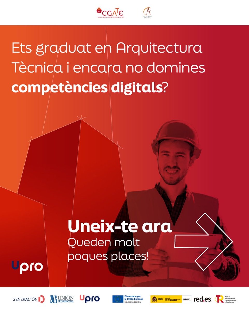 "Últimas plazas. ⏳
Curso de digitalización SIN COSTE para Arquitectura Técnica a través de la plataforma UPRO.

¡Inscríbete antes de que se cierren!➡️ formatuscimientos.cgate.es

#ArquitecturaTécnica #NextGenerationEU #GeneraciónD #formatuscimientos #construyeelfuturo