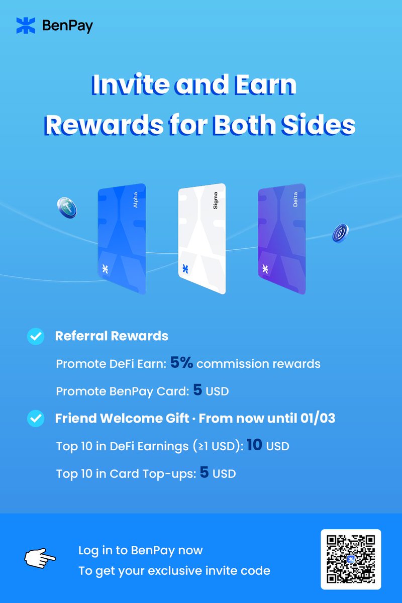 🎉 BenPay Referral Program Is Live!
Invite &amp; Earn — rewards for both you and your friends.

🔗 Referral Rewards
• Promote DeFi Earn: Earn 5% commission from your friends’ DeFi earnings.
• Promote BenPay Card: Get 5 $USD when your friend makes their first card payment.

🎁