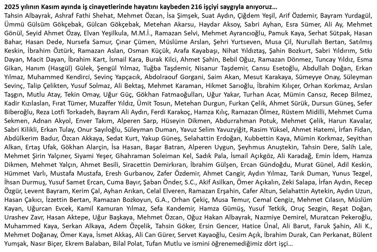 2025 yılının Kasım ayında iş cinayetlerinde hayatını kaybeden 216 işçiyi saygıyla anıyoruz..