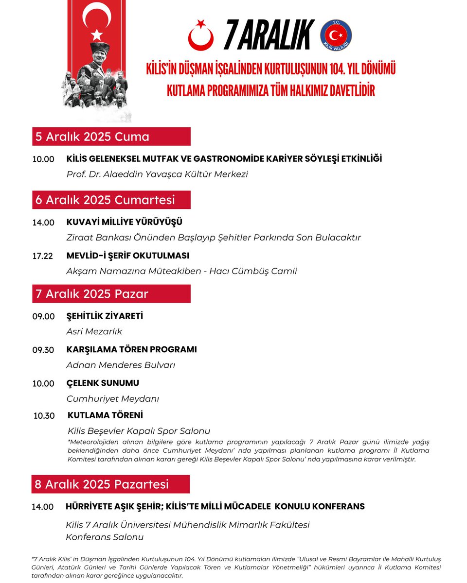 🇹🇷Kurtuluş mücadelemizin kahramanlıkla yazılmış sayfalarından biri olan 7 Aralık Kilis’in Düşman İşgalinden Kurtuluşunun 104. Yıl Dönümü Kutlama Programımıza katılımlarınızdan onur duyarız.

#Kilis