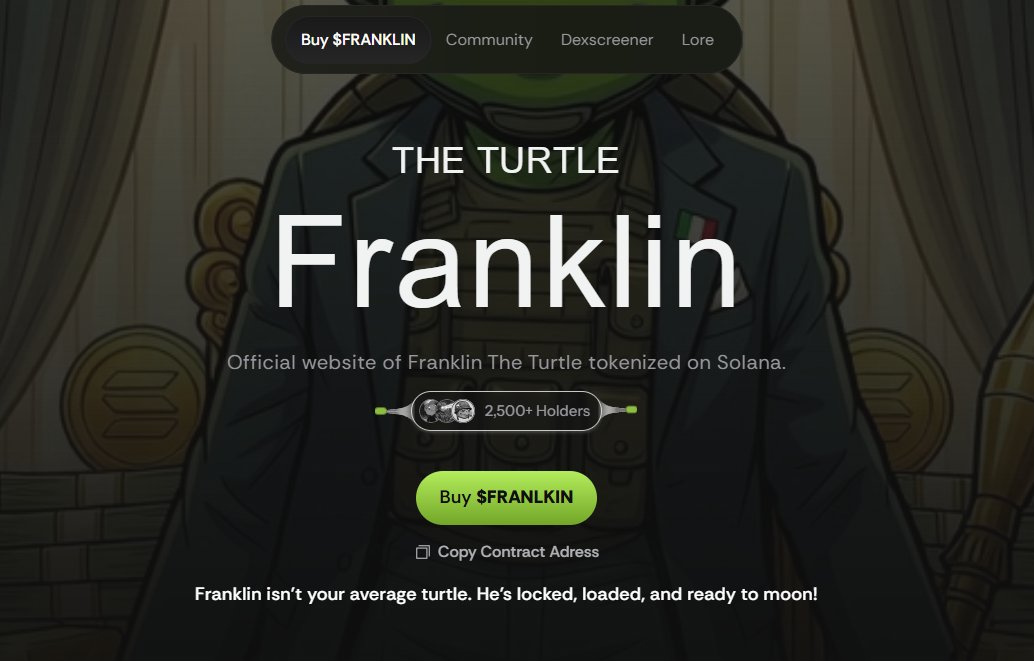 WHY DID $FRANKLIN EXPLODE?

1. A ridiculously strong narrative: “Kids’ story => Special Forces soldier”

Franklin started as a nostalgic childhood character, but got rebranded into:

A turtle wearing military armor

Sitting on a helicopter

Shooting narco-terrorists

A logo where