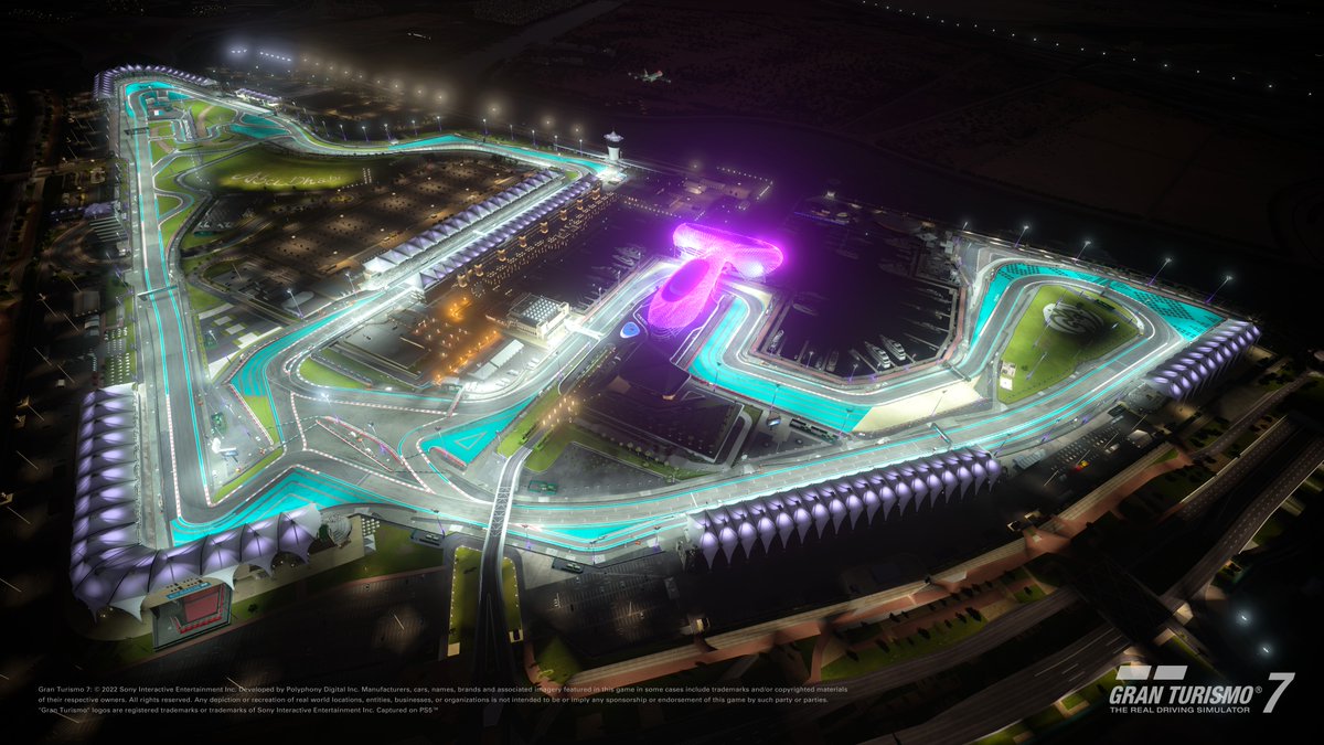 thegranturismo's tweet photo. The new Yas Marina Circuit appears in the Spec III update!

This is a modern circuit that opened in Abu Dhabi, the capital of the United Arab Emirates (UAE) 🇦🇪 in 2009.

With a total length of 5,281m, it consists of a long back straight and many mid-to-low-speed corners.

It also has a unique layout with a hotel reaching across the track, as well as a pit exit passing underneath the track.

The track has extensive lighting equipment placed all around the track, making it a beautiful stage for night races.

#GT7 #GranTurismo