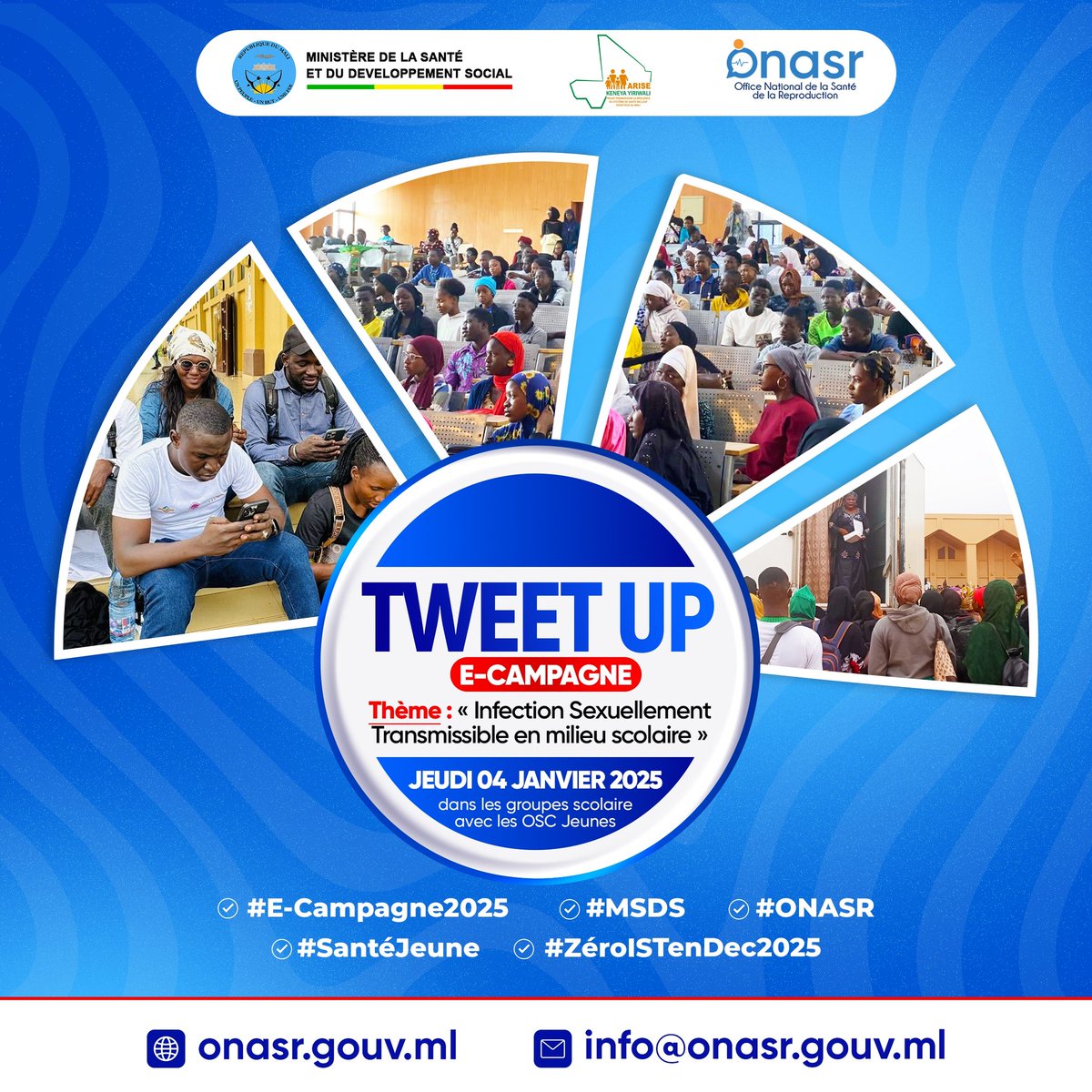 Passionné de la santé, vous êtes tous invités à nous rejoindre pour un Tweet-Up pleins de renseignements sur ta santé à 14h. 

Thème : Infection Sexuellement Transmissible en milieu scolaire.

#e-campagne 
#MSDS 
#ONASR 
#santéjeunesse 
#ZéroISTenDec2025 
#RJASRPFMALI