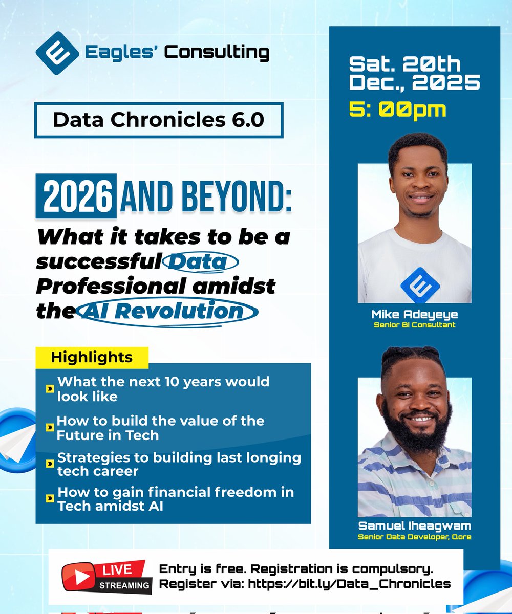 Eagles_Consults's tweet image. 2026 AND BEYOND is going to be great.
You don&apos;t want to miss it, click on the link to register: bit.ly/Data_Chronicles

 #TechLearning #DataAnalytics #DataScience #DataEngineering #EaglesConsulting