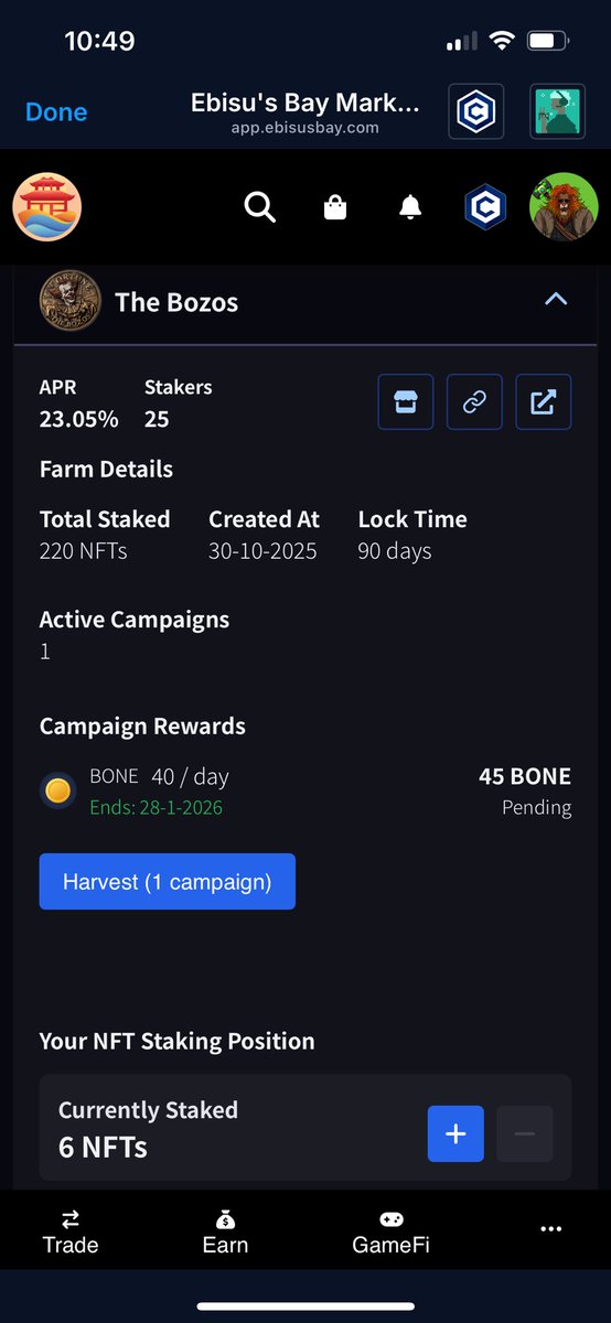 Marvelous to see how 3 OG #Cro projects come together in one pic. 

My Bozo NFTs by <a href="/FFTBcro/">FFTheBozos | $FFTB</a> are staked in community farm on <a href="/EbisusBay/">Ebisu's Bay | GameFi - NFT Market - DEX</a> collecting $BONES by <a href="/CroHound_GODS/">CroHounds | $BONE</a> as reward! 🫶🏻

And a good APR too! 🤡💰

#FFTB $FFTB $Cro #EbisusBay #Crohound