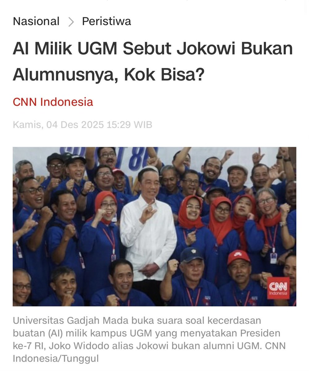 bangherwin's tweet image. Inilah paradoks ketika orang terlalu mendewakan AI: ia bekerja dengan logika, struktur data, dan jejak informasi, bukan pada “DOGMA” yang diproduksi politik.

Kasus AI UGM yang menyebut Jokowi bukan alumninya justru membuka satu hal: kalau realitas dipaksa mengikuti dogma…