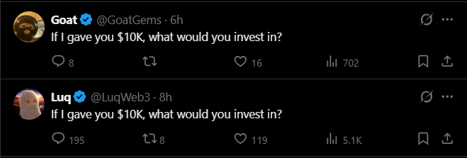 What is this timeline, bro lol

Let me be part of the chain then

If I gave you $10K, what would you invest in?