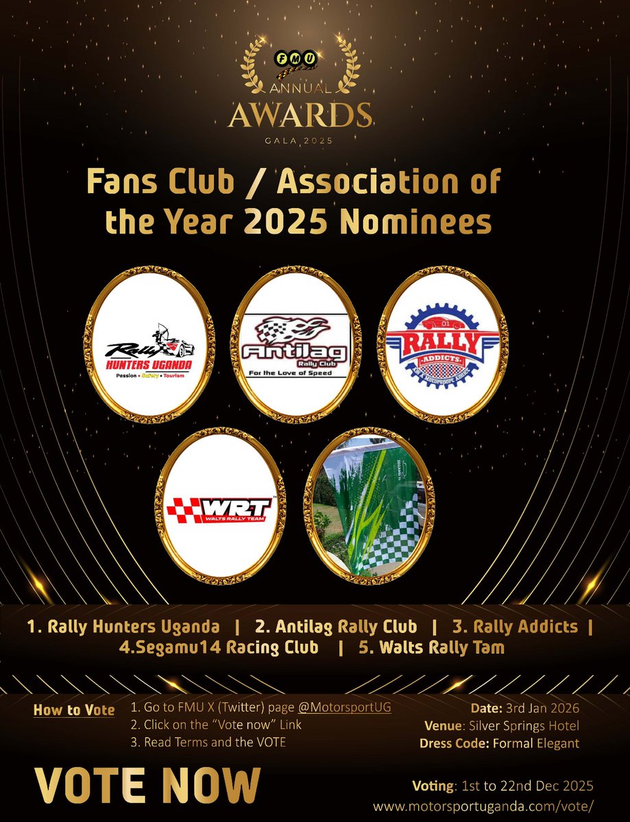 MotorsportUG's tweet image. Please vote for your favourite  Fans Club/Association of the Year through this link
#fmuawards
@FIAAfricanRally

izivote.com/v/fmu-annual-a…