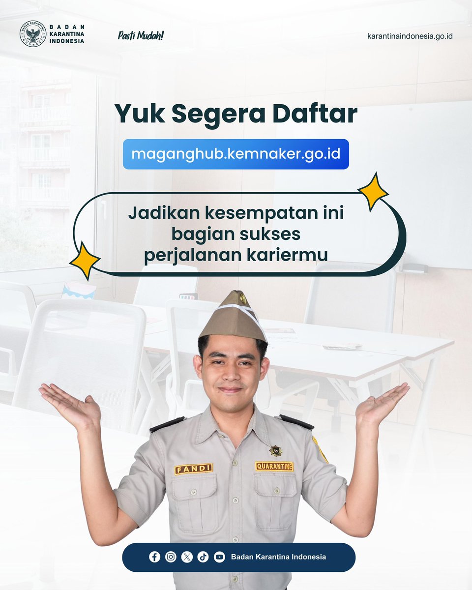BarantinRI's tweet photo. Yuk saatnya bergabung di Program Pemagangan Nasional Kemnaker Batch 3 di Badan Karantina Indonesia (Barantin)! 🚀
Jadikan kesempatan emas ini bagian sukses perjalanan kariermu!
#Barantin #MagangHub #Batch3 #ProgramPemaganganNasional #Kemnaker #BanggaJadiBagianBarantin https://t.co/k6X2o0x0GW