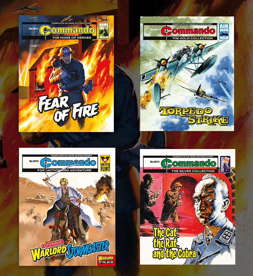 CommandoComic's tweet photo. Ey up, Squaddies! This week's action-packed Commando set features heroic escapades at home and abroad and the return of Lord Peter Flint, Codename: Warlord! Issues 5911-5914 on sale today! - QM https://t.co/Pqt8AWmJhC
