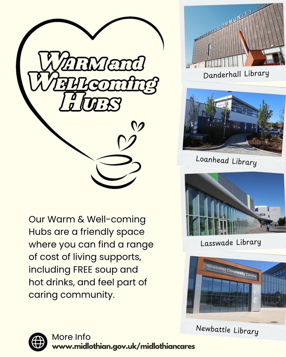 MidLibraries's tweet image. ❄️ Feeling chilly?
Pop into your local library — our Warm &amp;amp; Wellcoming Hubs are free, cosy spaces with hot drinks, free soup, phone chargers, jigsaws, puzzles &amp;amp; more.

Find your nearest #Midlothian hub here👉ow.ly/u3nK50XAyrF

#MidlothianCares