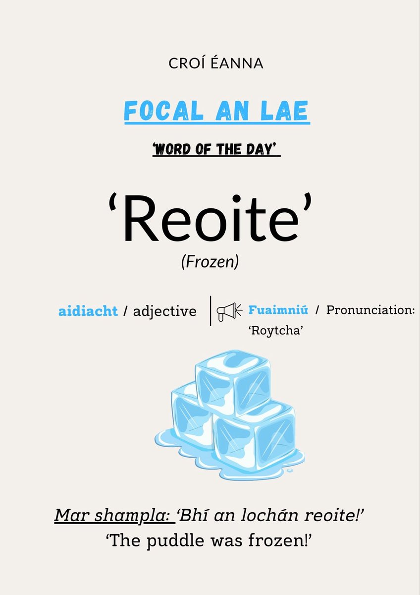 ✏️FOCAL AN LAE✏️
      Word of the day 

Tapaígí an deis chun focail agus frásaí nua a fhoghlaim linn! 

Take the chance to learn new words / phrases! 🙌

Focal an lae inniu: Reoite  

Today’s word: Frozen

Ar aghaidh libh 🙌
