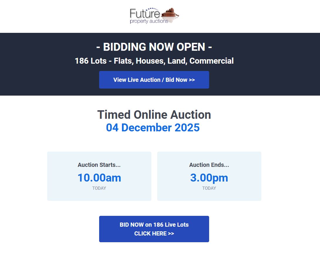 FuturePropAuc's tweet image. - BIDDING NOW OPEN - 186 Lots for Timed Online Auction on 04 Dec 2025. Auction Starts... 10.00am. Ends... 3.00pm buff.ly/oJYAzJv 

-----

#scottishpropertyauction
#scottishproperty
#Propertyauctionscotland
#propertyauction
#sellatauction
#auctionyourproperty